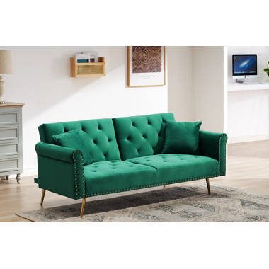 Haralambos Velvet Nail Head Upholstery Sofa Bed With Metal Leg And Throw Pillow